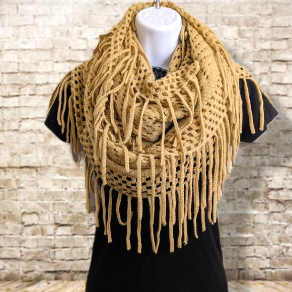 jcpenney Accessories - Fringe Infinity Wrap Scarf - Waffle Knit Soft Full Fluffy Tan Khaki Boho Vibes